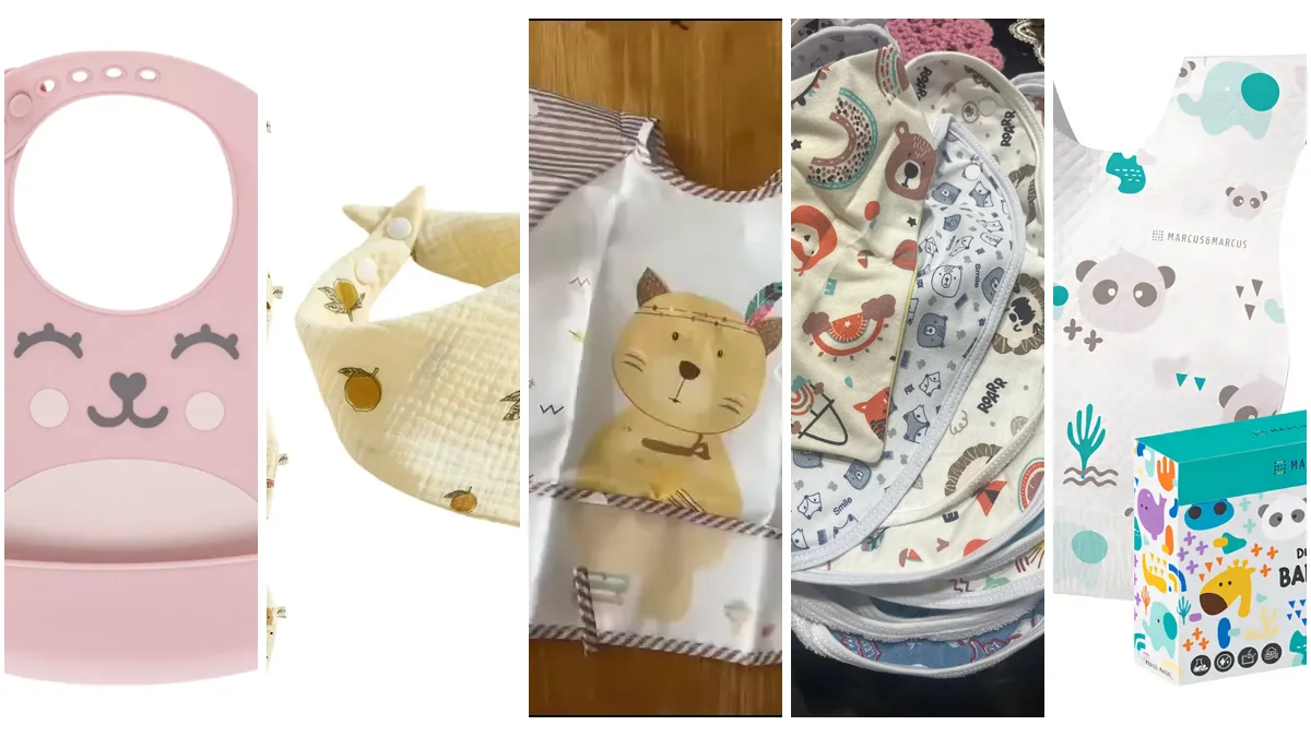 Cinco tipos de babador de bebê: silicone com pega-migalhas, bandana, manga longa, atoalhado e descartável