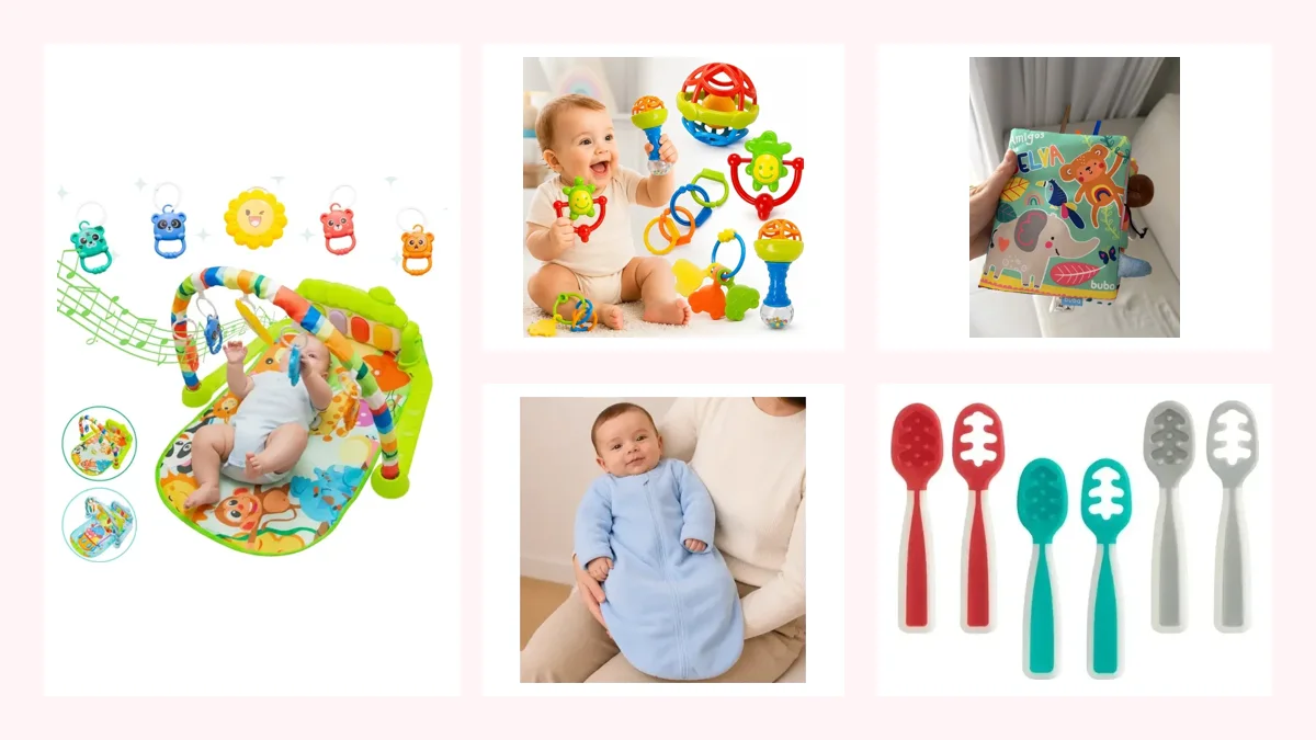 Cinco itens para o bebê de 5 meses: tapete de atividades musical, kit de chocalhos e mordedores, livro de pano, saco de dormir e colheres de silicone