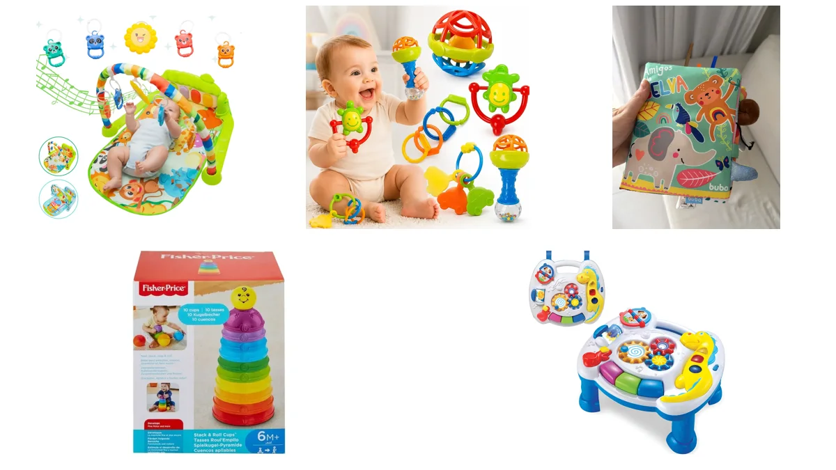 Cinco brinquedos para bebê: tapete de atividades, kit de chocalhos, livro de pano, potes de empilhar e mesa de atividades