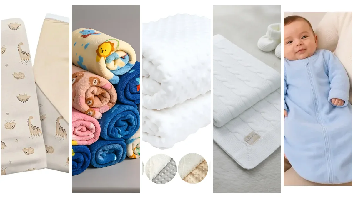Cinco opções de cobertor de bebê: manta de algodão dupla face, kit de microfibra, pipoquinha com sherpa, manta de tricô e saco de dormir