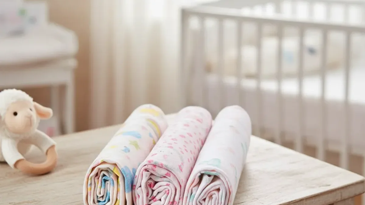 Cueiros de flanela dobrados sobre a cômoda no quarto do bebê