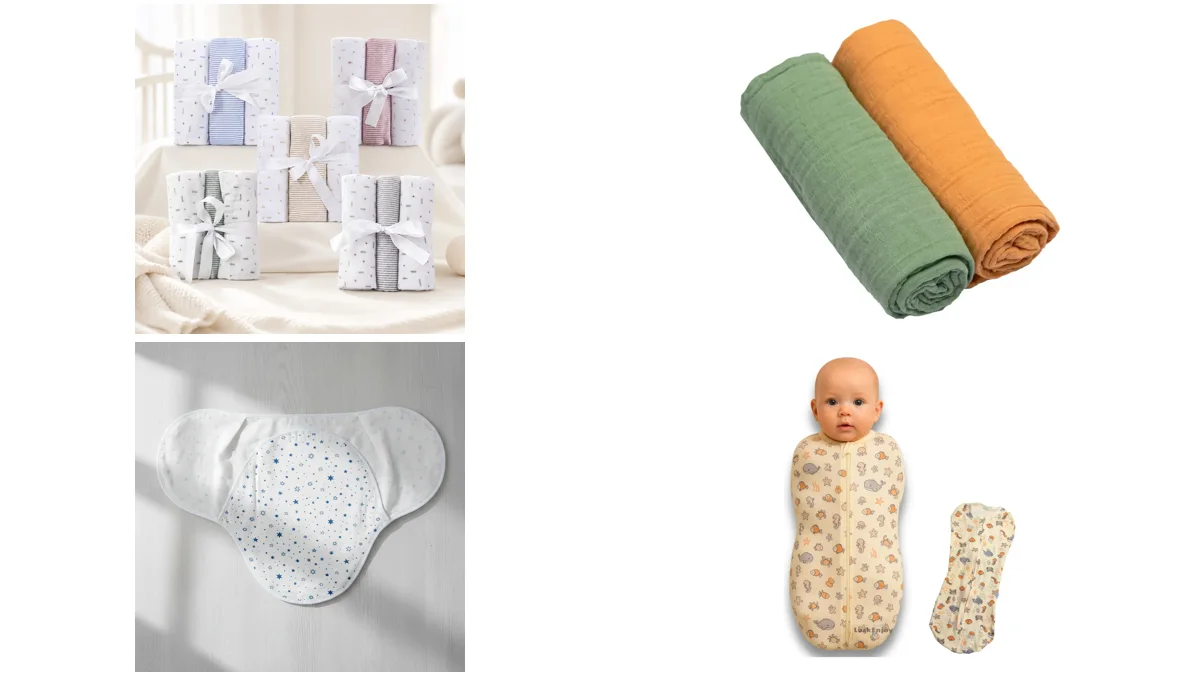Quatro tipos de cueiro de bebê: flanela, muslin, swaddle com velcro e casulo com zíper