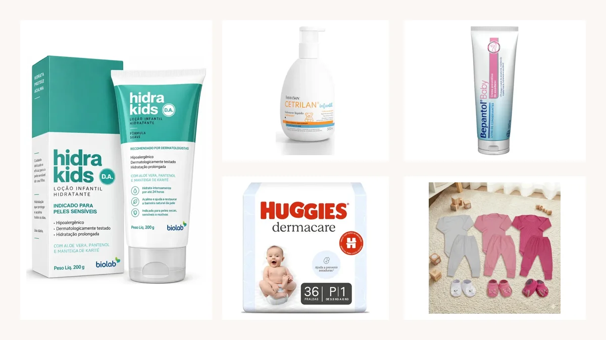 Cinco itens para a pele do bebê com dermatite: loção hidratante Hidra Kids, sabonete líquido Cetrilan, pomada Bepantol Baby, fralda para pele sensível e kit de bodies de algodão
