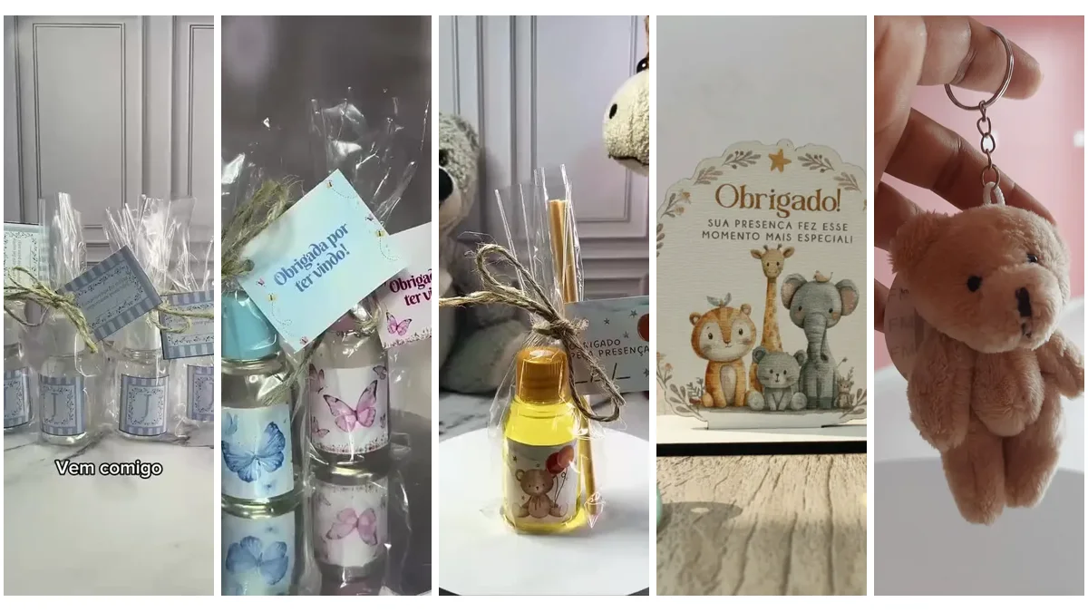 Cinco lembrancinhas de maternidade: álcool gel, sabonete líquido, aromatizador, placa de MDF e chaveiro de ursinho