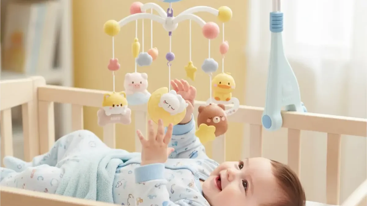 Móbile elétrico azul com bichinhos de pelúcia pendurado acima de um bebê deitado no berço, fora do alcance