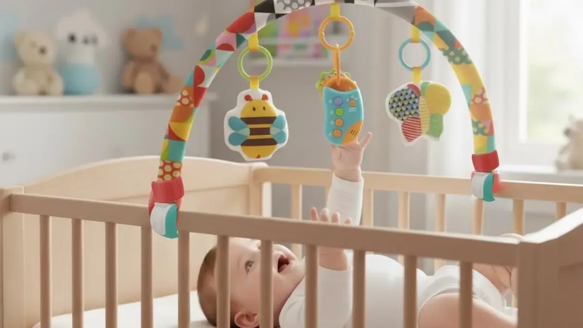 Bebê deitado no berço de madeira sob o arco musical Maxi Baby com abelha, controle e borboleta