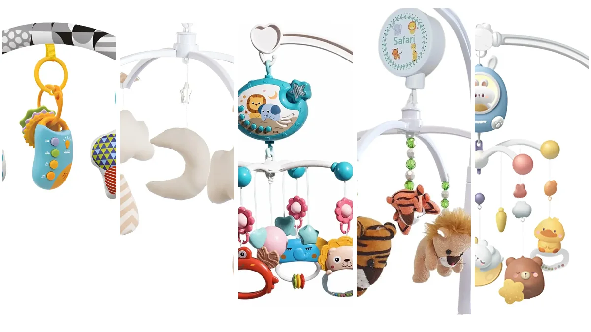 Cinco opções de móbile de berço musical: arco Maxi Baby, ovelinha bege, projetor com controle, safari de pelúcia e móbile elétrico com luz