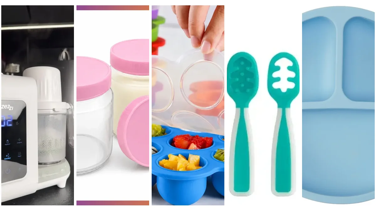 Cinco itens para preparar e servir papinha de bebê: processador, potes de vidro, forma de silicone, colheres e prato com ventosa