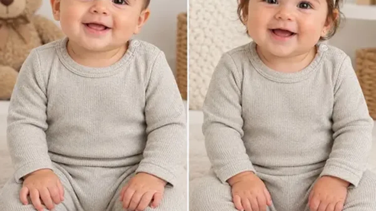 Dois bebês sorrindo de pijama canelado de algodão em tom bege