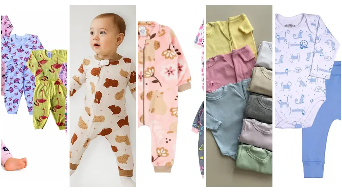 Cinco opções de pijama de bebê: kit de conjuntos de algodão, macacão de capivara, kit de fleece, conjunto canelado e body com calça