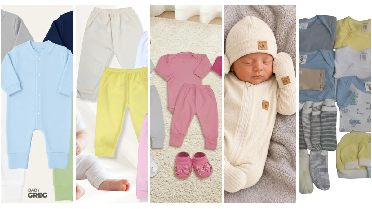 Cinco kits de roupa de recém-nascido: macacões lisos, mijões, conjunto body e calça, saída de maternidade e kit de 30 peças