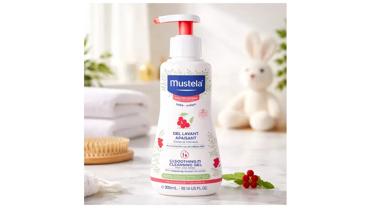Gel lavante calmante Mustela sem perfume ao lado de toalhas e coelho de pelúcia