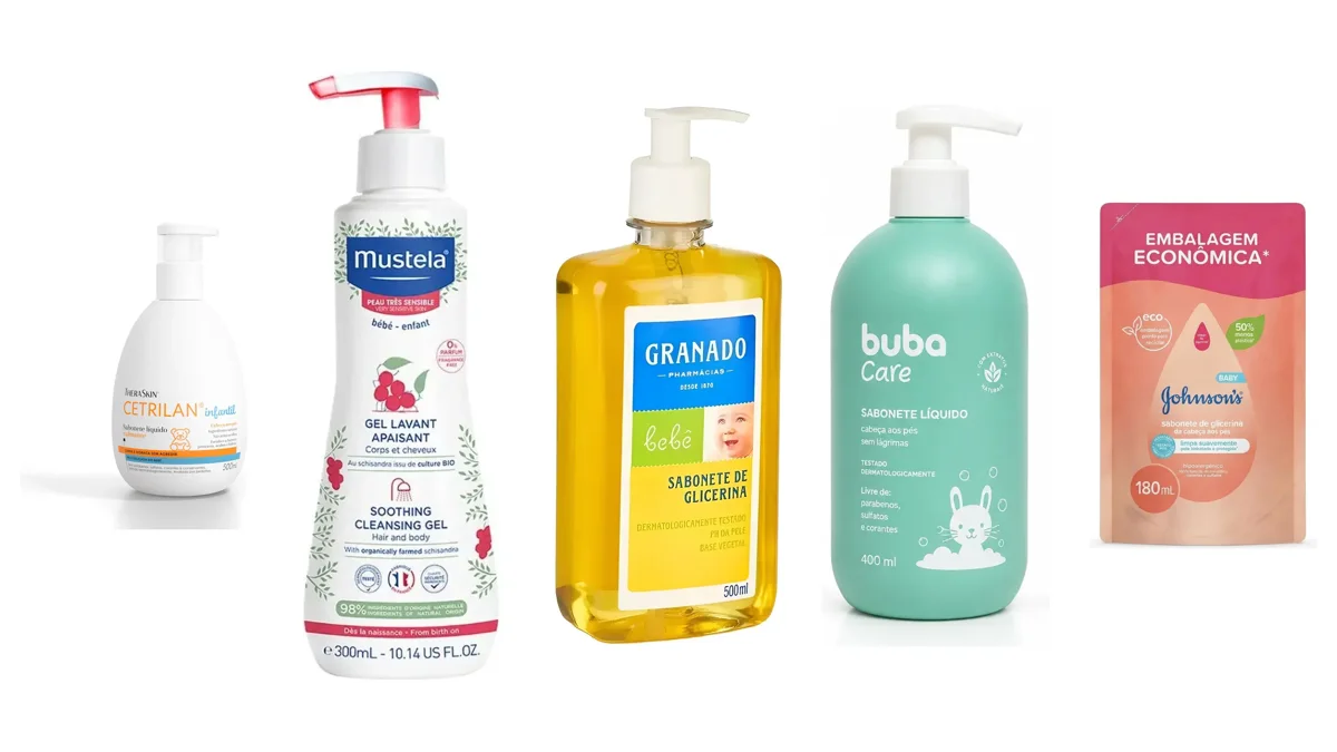 Cinco sabonetes líquidos para bebê: Cetrilan, Mustela, Granado, Buba Care e Johnson's