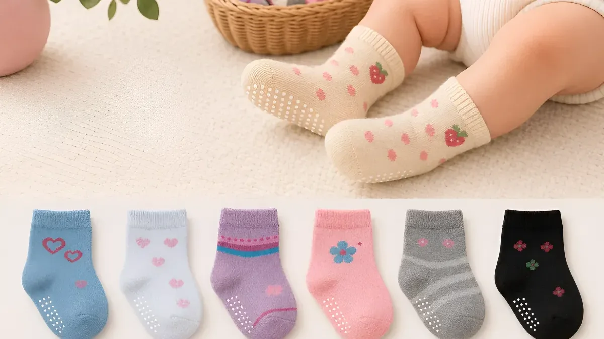 Pezinhos de bebê com meias antiderrapantes coloridas ao lado de um cesto de meias