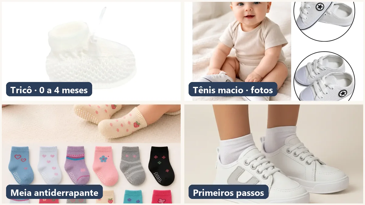 Os quatro tipos de sapatinho de bebê: tricô, tênis macio, meia antiderrapante e tênis de primeiros passos