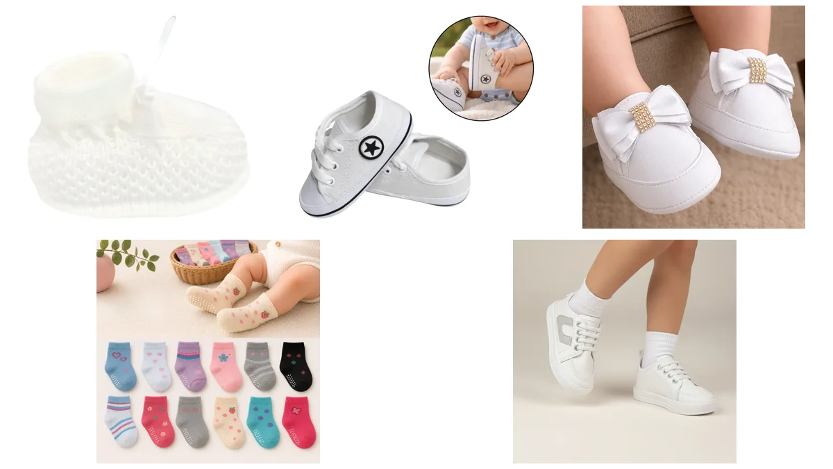 Cinco modelos de sapatinho de bebê: tricô, tênis de cadarço, slip-on, meias antiderrapantes e tênis de primeiros passos