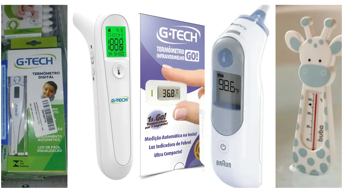 Cinco opções de termômetro para bebê: clínico digital, de testa Easy Sensor, Go, de ouvido Braun e de banho em formato de girafa