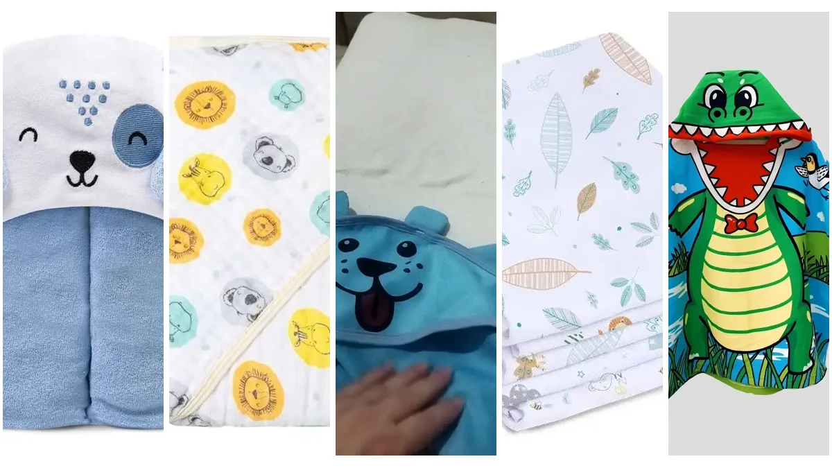 Cinco toalhas de banho para bebê: fralda soft, forrada com capuz de bichinho, felpuda com orelhinha, poncho e toalha fralda