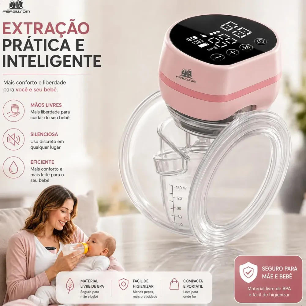 Bomba tira-leite elétrica portátil, cor rosa e branco