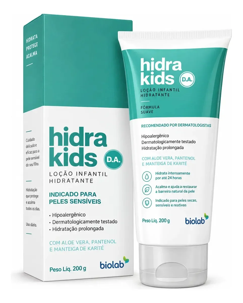 Loção hidratante infantil Hidra Kids Biolab 200 g, embalagem verde e branca