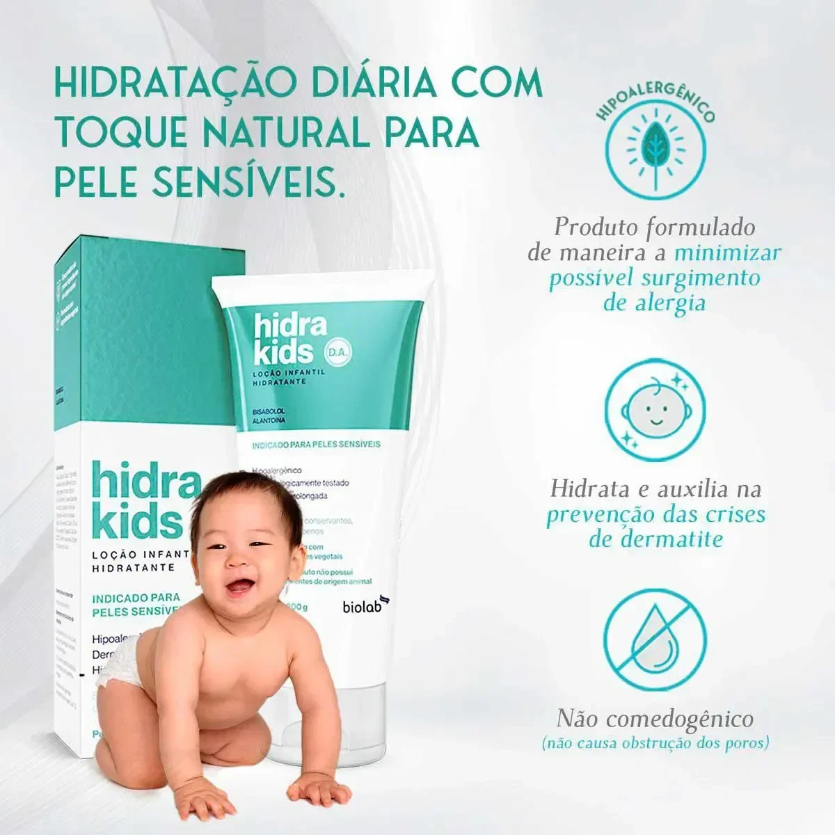 Loção hidratante infantil Hidra Kids Biolab 200 g, embalagem verde e branca (foto 2)