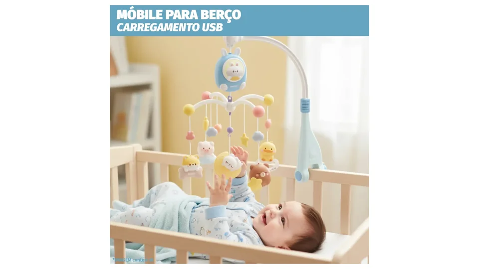 Móbile elétrico azul com bichinhos de pelúcia e chocalhos, com luz e música para o bebê (foto 2)