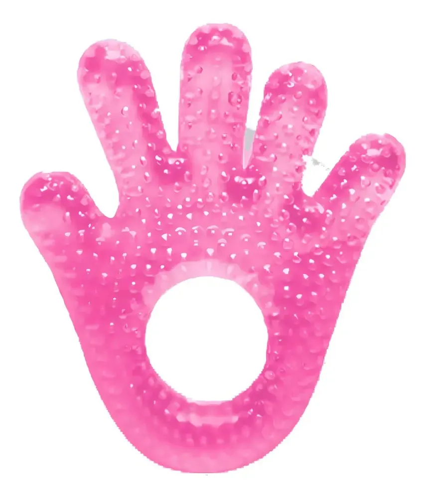 Mordedor de bebê em formato de mãozinha, cor rosa, com água gelada no interior