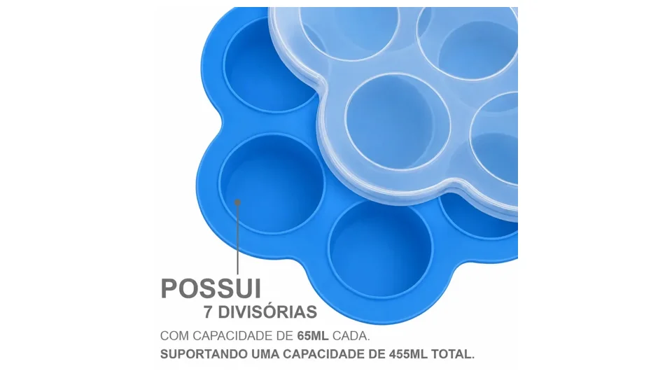 Forma de silicone azul com sete cavidades e tampa transparente para congelar papinha (foto 3)