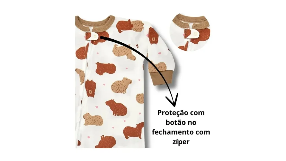 Bebê de macacão pijama estampado de capivara com zíper e punhos marrons (foto 3)