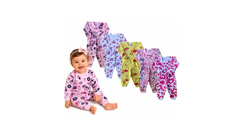 Kit de cinco conjuntos de pijama de algodão estampados para bebê, com camiseta e calça