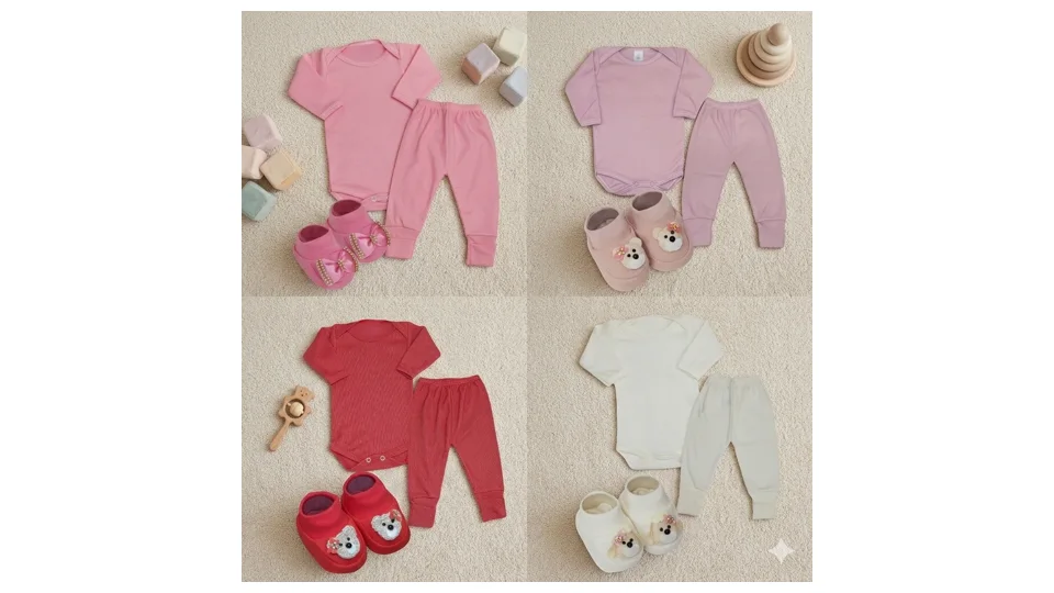 Kit com três bodies de manga longa e três mijões vira pé em malha canelada, mais pantufas de brinde (foto 2)