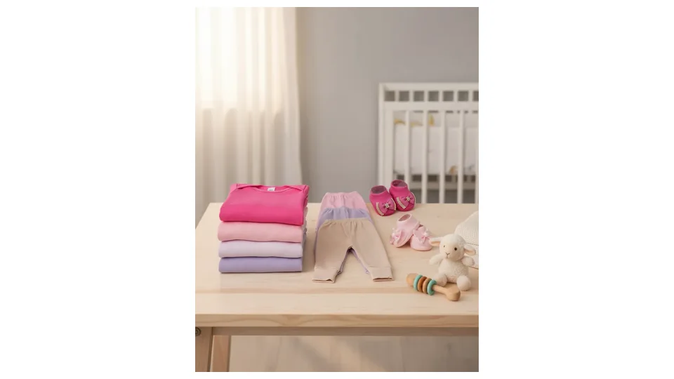 Kit com três bodies de manga longa e três mijões vira pé em malha canelada, mais pantufas de brinde (foto 3)