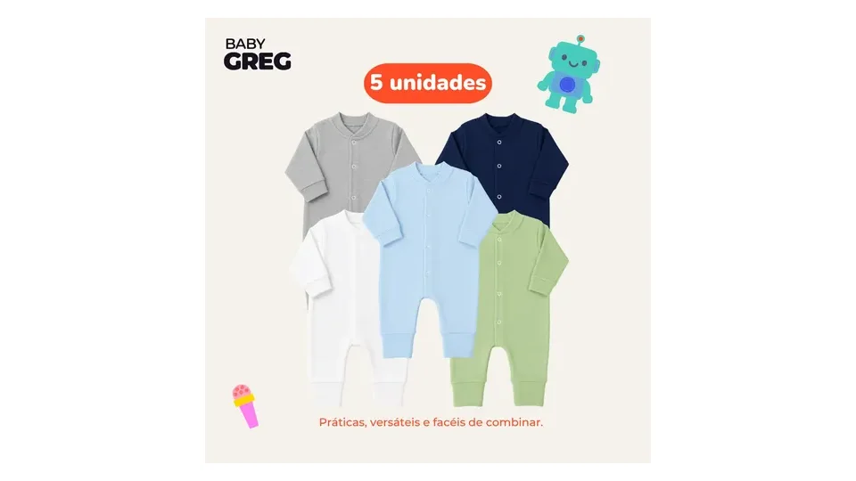 Kit com cinco macacões de bebê lisos em suedine nas cores cinza, azul-marinho, azul, branco e verde (foto 2)