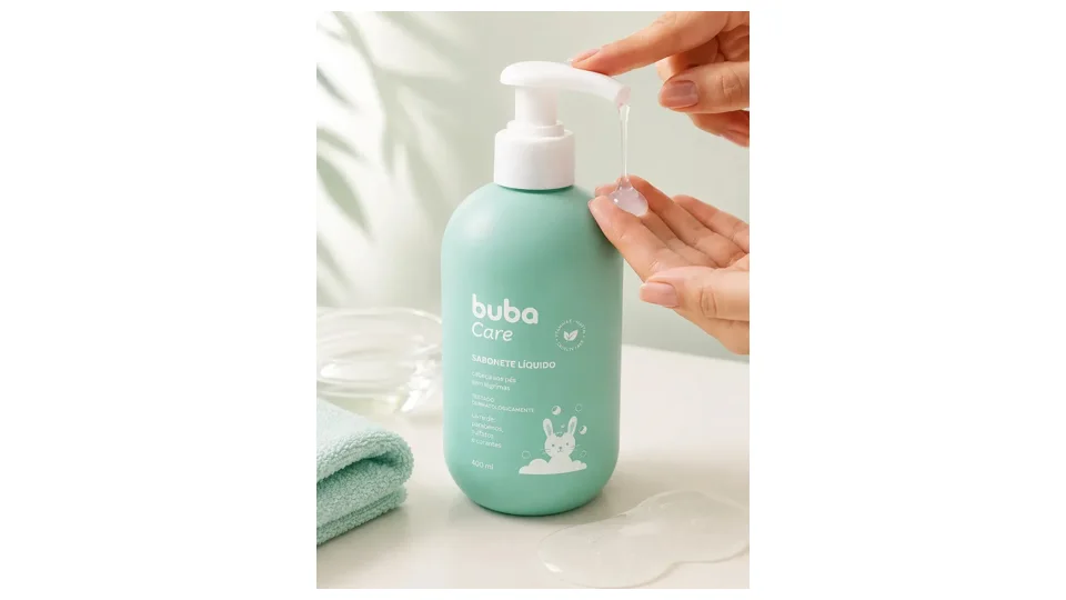 Sabonete líquido Buba Care, frasco verde-água de 400 ml com pump (foto 2)