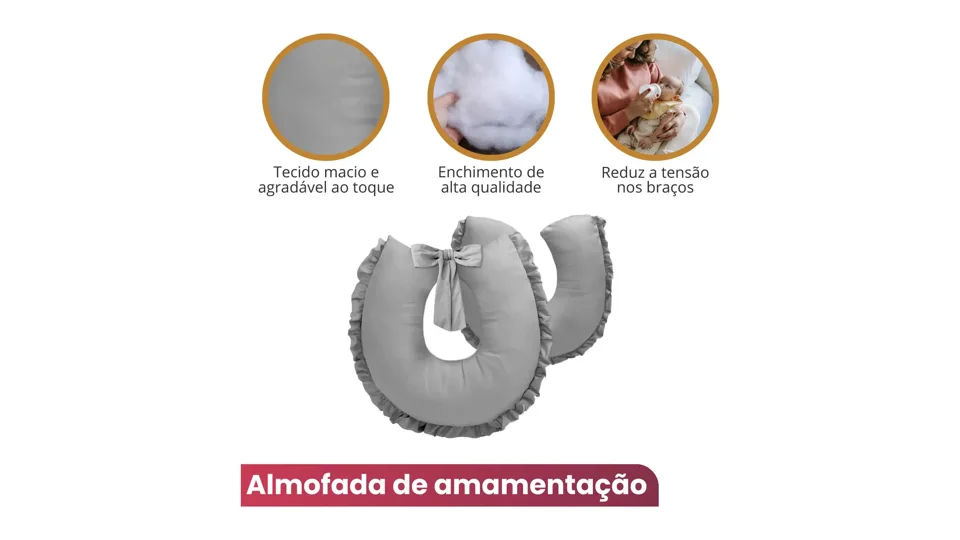 Almofada de amamentação ferradura cinza com laço, sobre uma poltrona (foto 2)