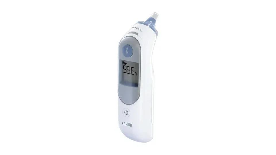 Termômetro de ouvido Braun ThermoScan 5 branco e azul, com visor e botão de medição (foto 2)