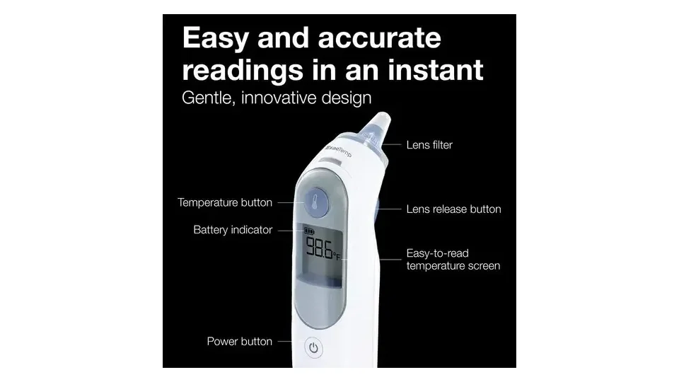 Termômetro de ouvido Braun ThermoScan 5 branco e azul, com visor e botão de medição (foto 3)