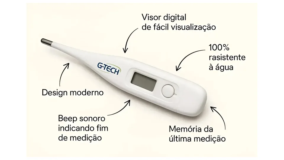Termômetro clínico digital Gtech branco para axila, com visor de fácil leitura