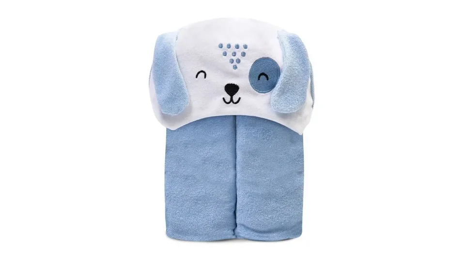 Toalha de banho forrada azul com capuz de cachorrinho Mami Bichuus