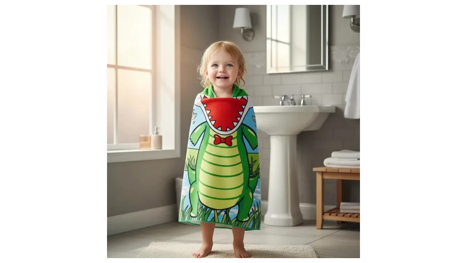 Toalha poncho infantil verde com capuz de jacaré (foto 3)